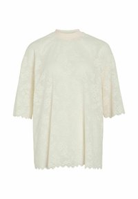 Top de encaje color crema con cuello alto, mangas cortas, bordes ondulados, patrón floral y tela texturizada. Silueta de corte relajado.