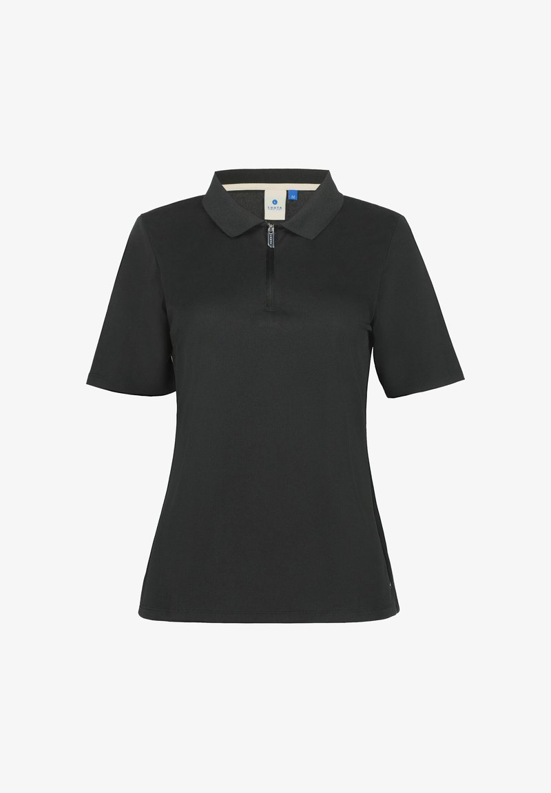 Polo nera a maniche corte con colletto con cerniera, realizzata in tessuto liscio. Presenta un design aderente e spacchi laterali discreti.