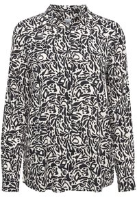 Long-sleeved shirt with a black and white abstract patterned design, featuring a collar and button-down front. Lightweight fabric.