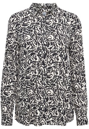Long-sleeved shirt with a black and white abstract patterned design, featuring a collar and button-down front. Lightweight fabric.