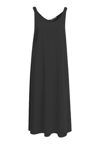 Schwarzes ärmelloses Kleid mit V-Ausschnitt, fließender Silhouette und knielangem Design, hergestellt aus glattem Stoff. Keine Muster oder Akzente.