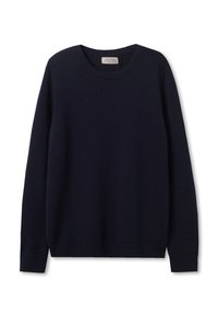 Granatowy sweter z okrągłym dekoltem wykonany z miękkiej tkaniny, z długimi rękawami, prążkowanym wykończeniem przy szyi i mankietach, jednolity kolor bez widocznych wzorów.