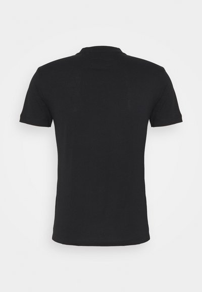 Black cotton t-shirt with a crew neck, short sleeves, and a smooth texture. Features a simple design with no visible logos or patterns.