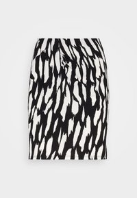 Svartvit mönstrad mini kjol med ett zigzag-mönster, texturerad tyg, figurnära passform och en rynkad detalj vid midjan.