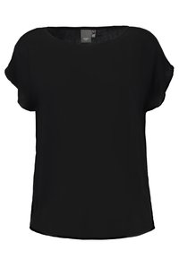 Blouse noire à manches courtes en tissu léger, dotée d'un col rond et d'une silhouette décontractée, avec une texture lisse.