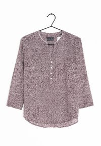 Langärmliges weinrotes Hemd mit weißen Blättermustern, rundem Halsausschnitt, fünf Knöpfen und abgerundetem Saum. Leichter Stoff, glatte Textur.