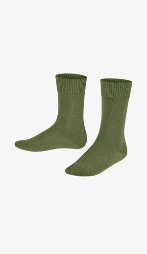 Knielange Socken in olivgrün, gerippter Bund, glatte Textur. Baumwollmischung mit verstärkter Zehen- und Fersenpartie für Haltbarkeit.