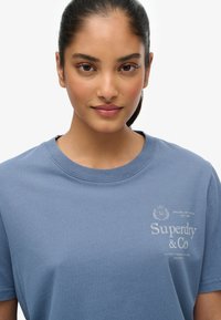 Blue cotton t-shirt with a classic crew neckline, featuring a white printed logo "Superdry & Co" on the chest. Soft texture, relaxed fit.