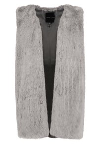 Gilet grigio in eco pelliccia con esterno morbido e testurizzato e design frontale aperto. La fodera interna è liscia e scura. Senza chiusure o decorazioni.