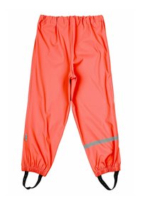 Orange wasserdichte Hose mit elastischem Bund, reflektierendem Streifen und schwarzen Fußschlaufen an den Knöcheln für zusätzlichen Halt und Sicherheit.