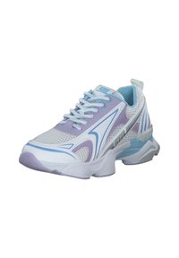 Zapatilla en blanco, púrpura y azul claro. Parte superior de malla con acentos sintéticos, punta redondeada, lengüeta acolchada y suela de goma texturizada.