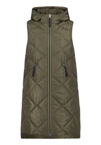 Olivgrön, kviltad ärmlös väst med huva, framsidans dragkedjestängning och två sidofickor med dragkedja. Slät textur med en glänsande yta.