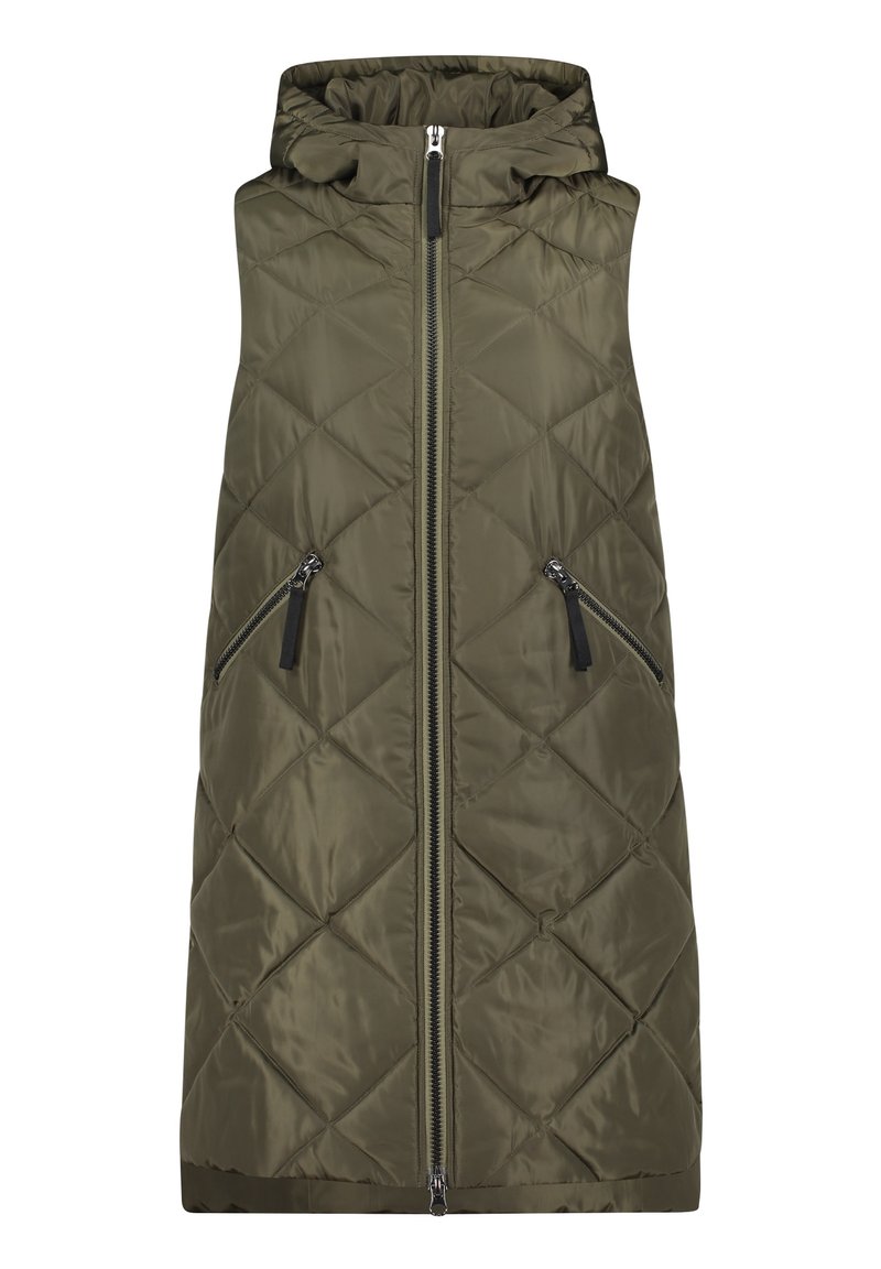 Olivgrön, kviltad ärmlös väst med huva, framsidans dragkedjestängning och två sidofickor med dragkedja. Slät textur med en glänsande yta.