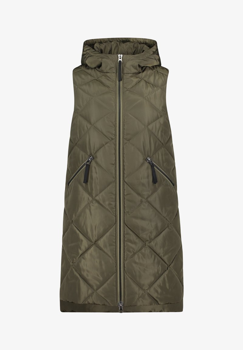 Veste sans manches matelassée vert olive avec capuche, fermeture éclair frontale et deux poches latérales zippées. Texture lisse avec une finition brillante.