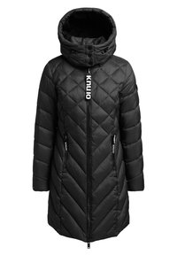 Abrigo acolchado negro con diseño de edredón, alto cuello, cierre de cremallera completa y tiradores de cremallera con marca. Cuenta con bolsillos laterales.