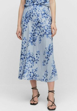 Light blue midi skirt in smooth fabric, featuring a floral pattern in darker blue shades. The hem is slightly flared, enhancing flow.