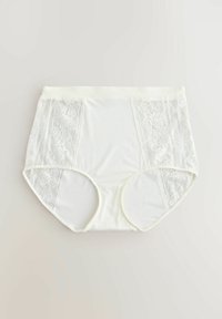 High-waisted white panties made of soft cotton with lace side panels featuring a floral pattern. Elastic waistband with smooth texture.