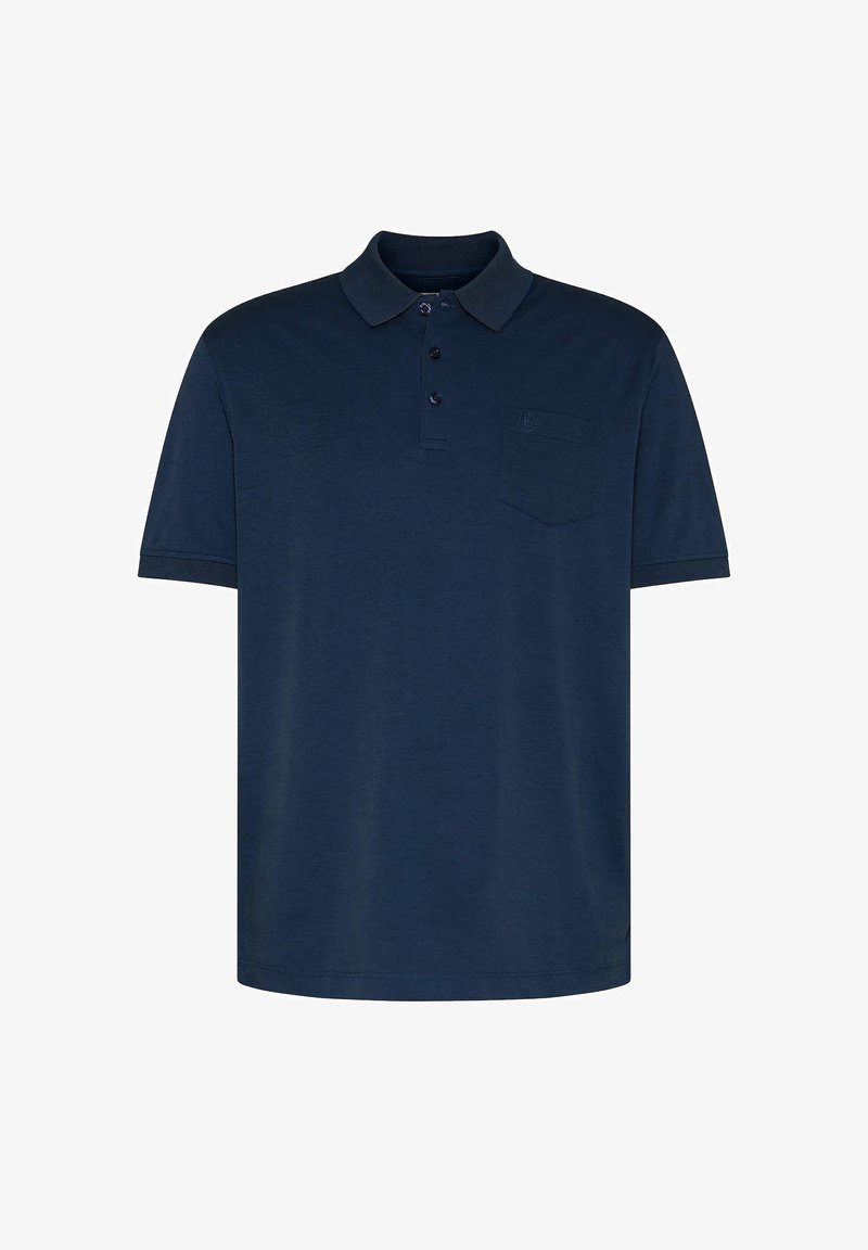 Marineblaues Poloshirt aus Baumwolle mit Kragen, einer Drei-Knopf-Leiste, kurzen Ärmeln und einer linken Brusttasche. Glatte Textur.