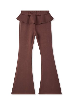 Leggings marroni a zampa d'elefante con una vita arricciata, caratterizzati da una texture liscia e un materiale elastico per una vestibilità comoda.
