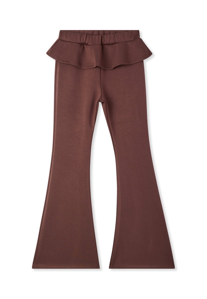 Leggings marroni a zampa d'elefante con una vita arricciata, caratterizzati da una texture liscia e un materiale elastico per una vestibilità comoda.