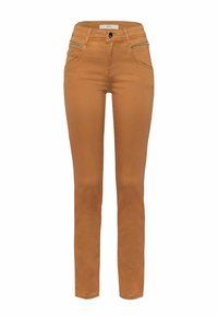 Pantalones slim fit en un cálido color naranja-marrón, hechos de una tela suave, con un bolsillo con cremallera y cierre de botón estándar.