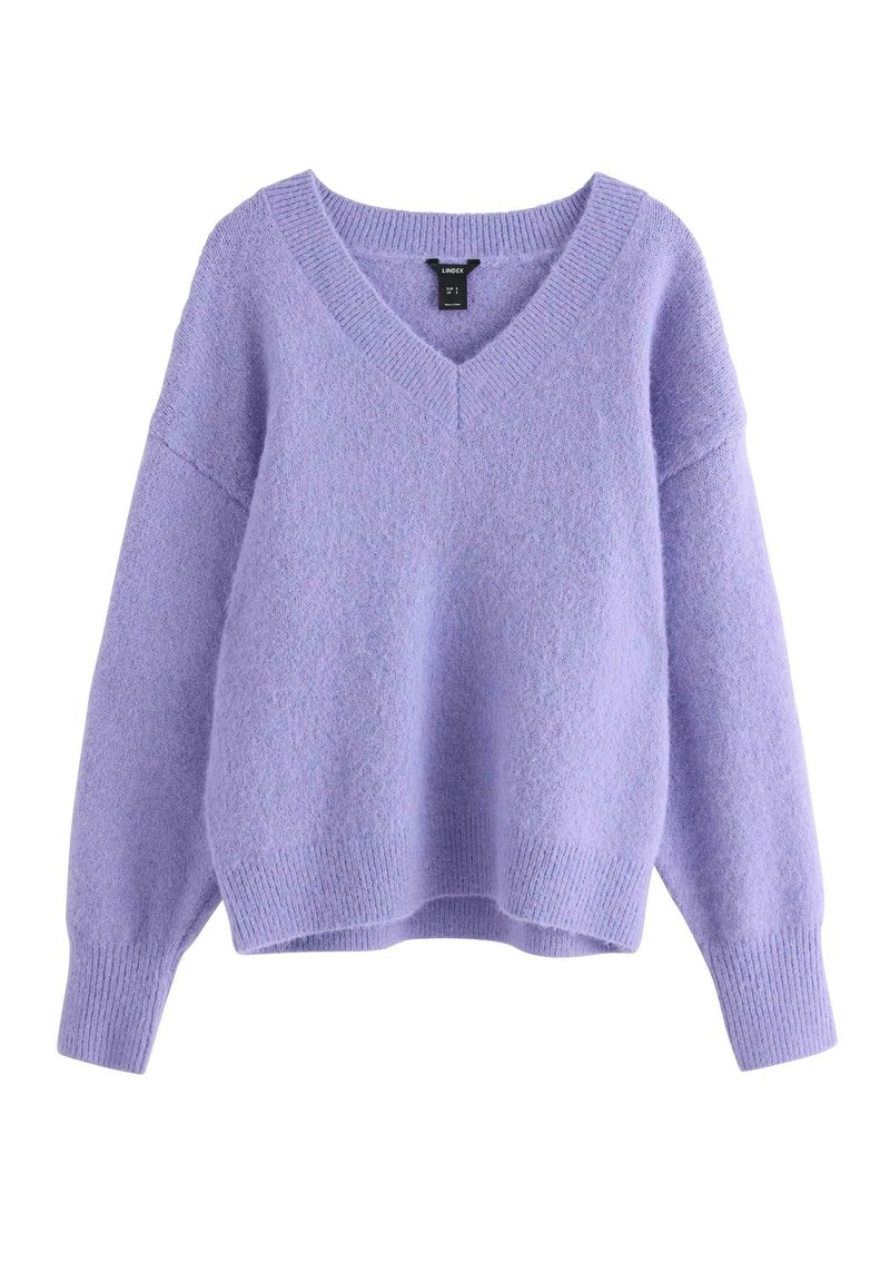 Maglione viola a V in materiale morbido e testurizzato, con fit rilassato, spalle scese e polsini e orlo a costine.