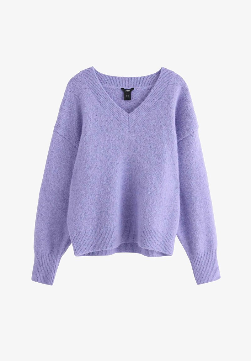 Maglione viola a V in materiale morbido e testurizzato, con fit rilassato, spalle scese e polsini e orlo a costine.