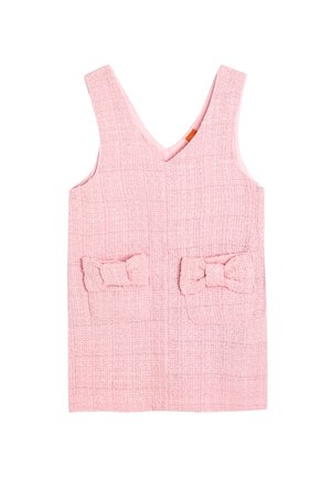 Rosa ärmelloses Kleid aus strukturiertem Stoff, V-Ausschnitt und zwei aufgesetzten Taschen mit Schleifendetails. Schlichtes, gerade geschnittenes Design.