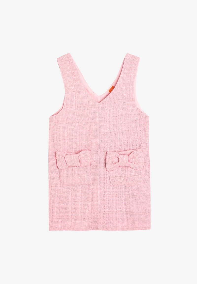 Robe rose sans manches en tissu texturé, décolleté en V et deux poches avant ornées de nœuds. Design simple et droit.