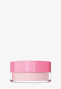 Conteneur rond transparent avec une section inférieure rose translucide et un couvercle rose brillant, mettant en valeur des surfaces lisses et un design simple.