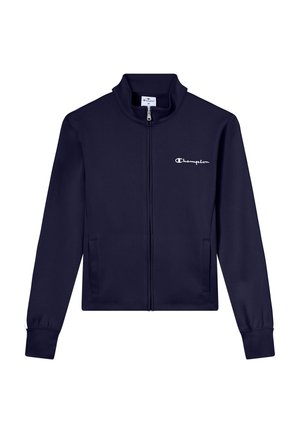 Veste zippée bleu marine Champion avec col montant, manches longues, poches latérales et logo blanc sur la poitrine gauche.