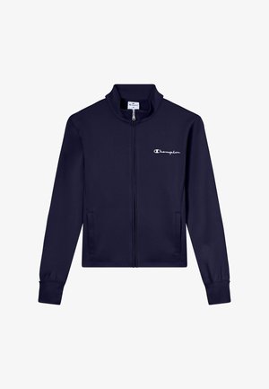 Veste zippée bleu marine Champion avec col montant, manches longues, poches latérales et logo blanc sur la poitrine gauche.