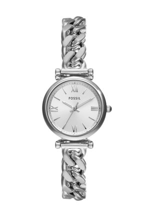Montre fossile en argent avec un cadran rond, des chiffres romains et un bracelet en maillons épais. Fini métallique lisse, caractéristiques de design minimaliste.