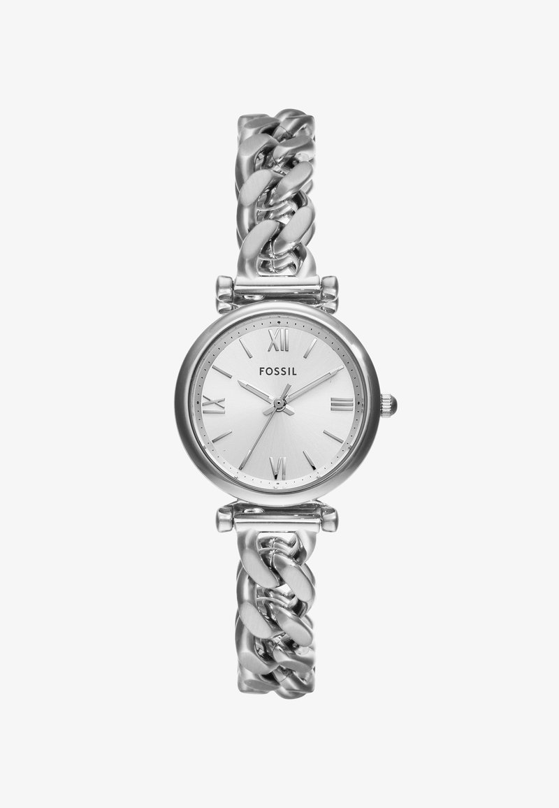 Silver Fossil watch with a round dial, Roman numerals, and a chunky chain-link bracelet. Smooth metallic finish, minimalist design features.