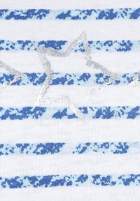 Cotton fabric featuring alternating blue and light blue stripes with a textured silver star embellishment across the center.