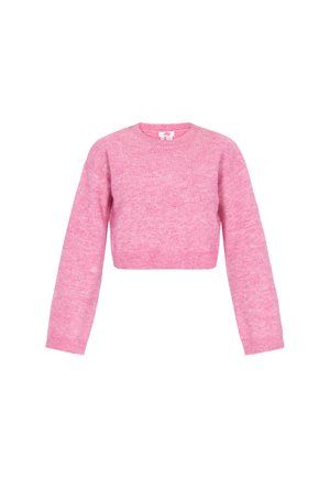 Pulover scurt, roz, confecționat dintr-un material tricotat moale. Are un decolteu rotund și mâneci lungi cu manșete și tiv cu nervuri. Textură netedă.