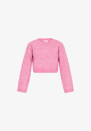 Różowy, krótki sweter wykonany z miękkiej dzianiny. Posiada okrągły dekolt oraz długie rękawy z prążkowanymi mankietami i dołem. Gładka tekstura.