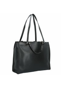 Borsa tote nera in pelle con finitura testurizzata, manici piatti lunghi e dettagli in metallo dorato. Design spazioso con forma rettangolare.