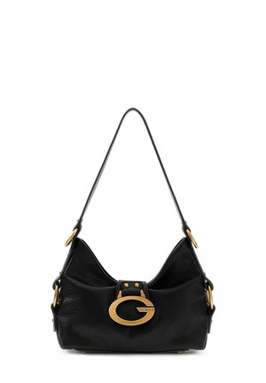 Borsa a tracolla in pelle nera con fibbia "G" e dettagli in metallo dorato, dotata di una singola tracolla e finitura testurizzata.