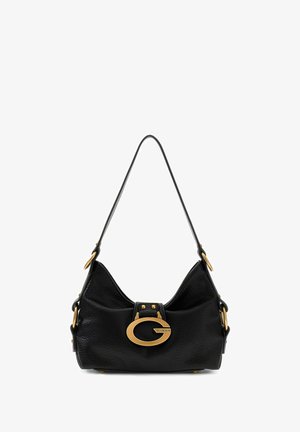 Sac à bandoulière en cuir noir avec fermoir "G" en métal doré et finitions assorties, doté d'une sangle unique et d'une texture grainée.