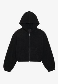 Svart cropped hettegenser laget av fuzzy stoff. Har glidelås i front, to sidelommer og hette. Myk tekstur med elastiske mansjetter.