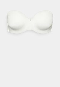 Balts strapless veidots krūšturis ar polsterētām kausīšām un mazu dekoratīvu piekariņu priekšpusē centrā.