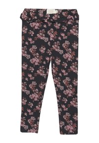 Zwarte legging met een bloemenpatroon in tinten roze en mauve, met een gerimpelde tailleband en een zachte, rekbare stof.