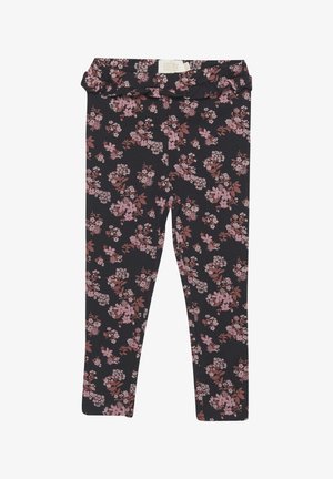 Schwarze Leggings mit einem floralen Muster in verschiedenen Pink- und Mauvetönen. Sie verfügen über einen gerafften Bund und einen weichen, dehnbaren Stoff.