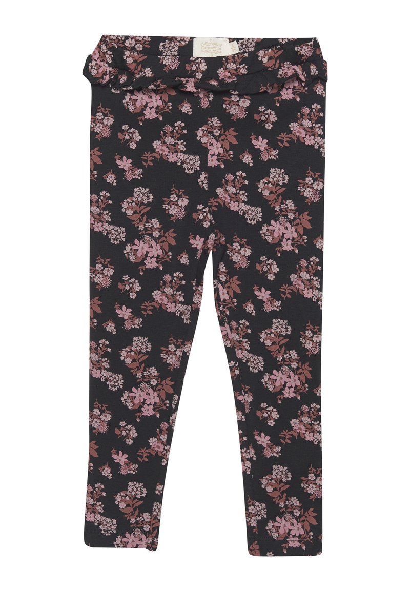 Zwarte legging met een bloemenpatroon in tinten roze en mauve, met een gerimpelde tailleband en een zachte, rekbare stof.
