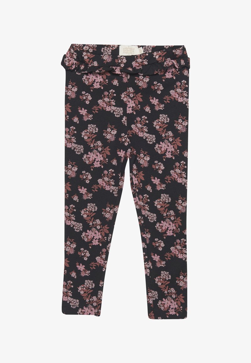 Svarta leggings med blomstertryck i nyanser av rosa och mauve, med en samlad midja och ett mjukt, elastiskt tyg.