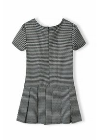 Schwarzes und weißes Kleid mit Hahnentrittmuster, kurzen Ärmeln, runder Halslinie, plissiertem Rock und Reißverschluss in der Mitte des Rückens.