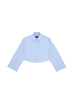 Ingekorte lange mouwen shirt van lichtblauwe stof, met een klassieke kraag, knoopsluiting aan de voorkant en een klein logo op de linkerborst.