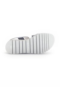 Sandal with a navy synthetic upper and white rubber sole. Features horizontal straps, textured ridges, and a logo on the outsole.