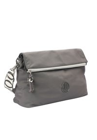 Gray nylon shoulder bag with a fold-over flap, silver zipper, and a patterned strap featuring a logo detail. Textured, soft material.